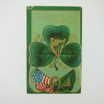 St Patricks Day Postcard Shamrock Gold Harp Horseshoe American Flag Antique 1910 - £8.01 GBP