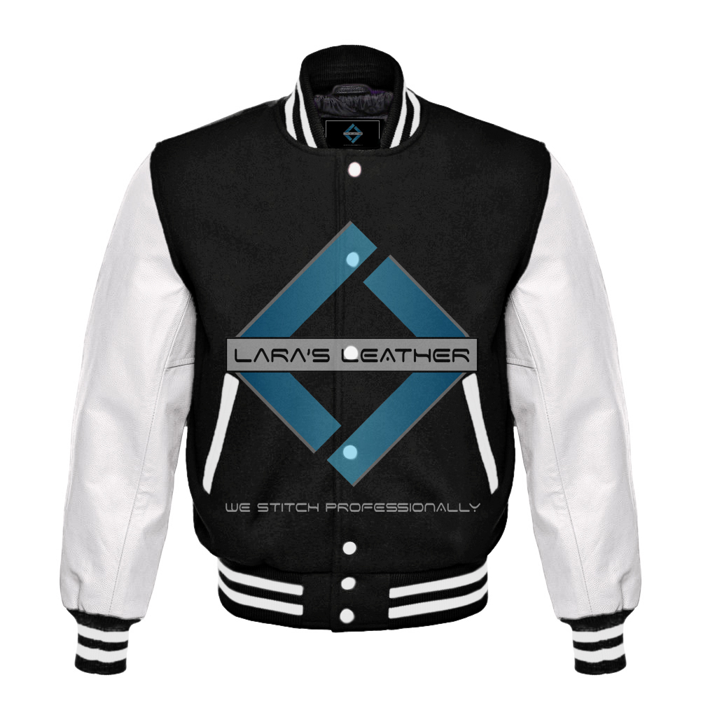 Varsity  Black Wool Letterman Jacket Real White Leather Sleeves