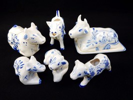 Vintage Porcelain Cows 6 Pc Condiment Set ~ Delft Blue Dutch Flowers &amp; Windmills - £117.46 GBP