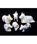 Vintage Porcelain Cows 6 Pc Condiment Set ~ Delft Blue Dutch Flowers &amp; W... - £117.46 GBP