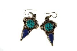 Ethnic Drop Earrings, Tibetan Pendant Earrings, Turquoise and Lapis Inlaid - £17.58 GBP