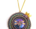 Iridescent Czech Glass Gold Dragonfly Pendant Necklace with Beadwork Flo... - $59.39