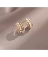 Gorgeous diamond pearl hoop earrings gold + Free gold hoop earrings  - £14.22 GBP