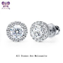 AButterfly 100% Sterling Silver Moissanite Halo Stud Earrings Fine Jewelry Gifts - £73.79 GBP