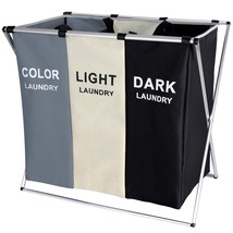 3 Section Laundry Hamper Basket Sorter Clothe Storage Foldable Bag Bin Organizer - £39.16 GBP