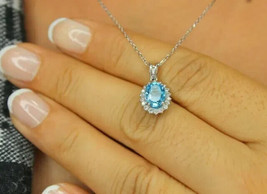 2Ct Oval Cut Simulated Blue Topaz Halo Pendant 14k White Gold Plated 18&quot; Chain - £44.83 GBP