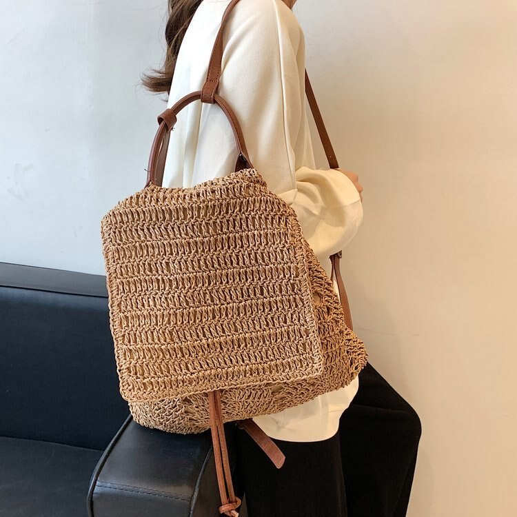 New straw woven backpack tel straw bag woven bag female ins with the ...