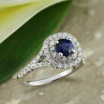 2 Ct Cushion cut Simulated Sapphire Engagement 925 Silver Gold Plated - £78.24 GBP