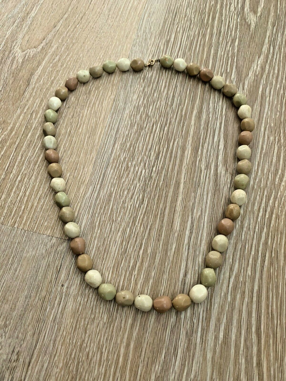 Vintage Costume Jewelry, Neutral, Tan, Green, Cream Pinch Bead Necklace ... - $10.73