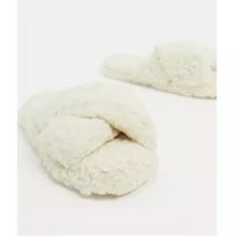 ASOS ~ Open Toe ~ Crossover ~ Slippers ~ Size Medium ~ Cream Color ~ Borg Fabric - £18.30 GBP