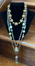 Vintage 60s 70s Gold Tone Green Beads Pendant Chain Collar Tassel Neckla... - £79.89 GBP