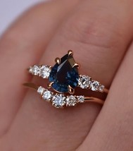 14K Rose Gold Pated 3.20Ct Pear Cut Simulated Blue sapphire Solitaire Bridal Set - £61.05 GBP