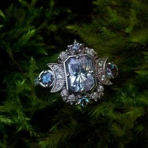 3 Ct Emerald Cut Diamond Selene Moon Goddess Wedding Ring 14K White Gold Finish - £93.41 GBP