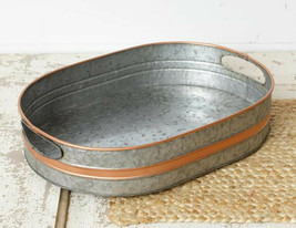 Extra Large 15&quot; Tray Bin Caddy Basket Galvanized Metal w Copper Accent Handles - £27.29 GBP