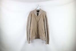Vintage 70s Streetwear Mens Large Quilted Knit Full Zip Sweater Jacket Beige - £59.31 GBP