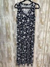J Jill Wearever Dress Sleeveless Maxi Navy Blue Floral M Medium Stretch Rayon - $37.39