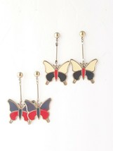 Vintage 1990&#39;s Butterfly Enamel Black Red Grey Drop Dangle Earrings Goldtone - £14.34 GBP