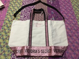 NEW Victoria&#39;s Secret Canvas Duffle Weekender Tote Bag pink glitter logo... - £30.35 GBP