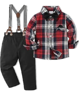 Toddler 2-3T Gentleman Outfit Red Plaid Shirt Removable Bow Tie Suspende... - $24.70
