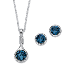 Round Bezel Set Blue Crystal Stud Necklace Set Silvertone - £71.93 GBP