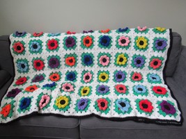 Handmade crocheted granny square 3D flower blanket throw purple pink green white - £55.55 GBP