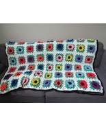 Handmade crocheted granny square 3D flower blanket throw purple pink gre... - £51.79 GBP