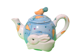 Ceramic Bunny And Carrot Teapot Holds 6 Cups Blue White Polka Dots Easter - £11.55 GBP