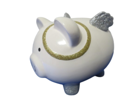 White Glitter Ceramic Piggy Bank W/Silver Wings &amp; Glitter 9&quot; x 7&quot; x 7&quot; - £11.82 GBP