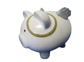 White Glitter Ceramic Piggy Bank W/Silver Wings &amp; Glitter 9&quot; x 7&quot; x 7&quot; - £11.63 GBP