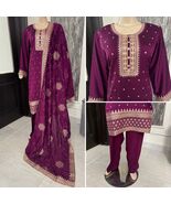 Pakistani Magenta 3 Pcs Fancy Chiffon Dress with thread embroidery ,L - $128.70