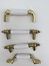 Vintage Lot of 4 White Porcelain/Brass/Gold Cabinet Knobs Drawer Pulls Handles - £15.81 GBP