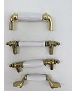 Vintage Lot of 4 White Porcelain/Brass/Gold Cabinet Knobs Drawer Pulls H... - £15.56 GBP