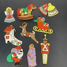 9 Flat Wood Christmas Tree Ornaments Double Sided Hand Painted Colorful Vintage - £11.32 GBP