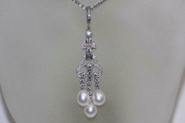 18K White gold filigree diamond pendant triple fresh water pearls Drop Dangle - £922.08 GBP