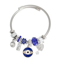 Silver Twisted Cable Blue Evil Eye, Leaf, Heart Charm Wrap Wrap Bangle Bracelet - £23.49 GBP