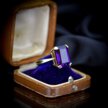 Natural Emerald Cut Amethyst Paste Solitaire Gold on Silver Cocktail Ring - £1,287.04 GBP