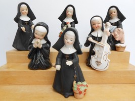 6 Vintage 5” Napco Ceramic Nun Playing Instruments baking cleaning 1956 - £74.29 GBP