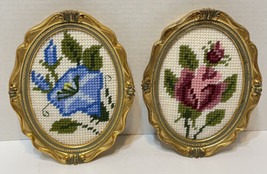 VTG Antique Framed Needlepoint Flower Pictures Ornate Gold Plastic Frames Lot 2 - £39.70 GBP