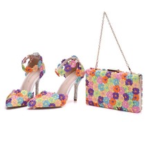 Multicolor Flower Shining Womens Sandals Wedding Shoes Matching bags Clutches 9C - £116.67 GBP