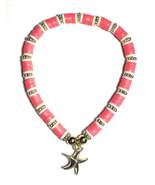 Heishi Beaded Stretch Anklet with Starfish Charm, Fluorescent Pink and G... - $8.19 CAD