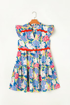 Sky Blue Floral Printed V Notched Ric Rac Flutter Sleeve Dress - $17.89
