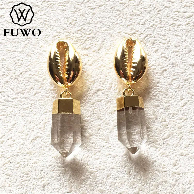 Trendy Women Natural White Crytstal Quartz Point Earrings With Gold Brass Cowrie - £67.46 GBP