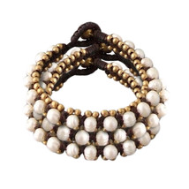 Set of 3 White Pearl Bead Link Brass Jingle Bracelet - £9.22 GBP