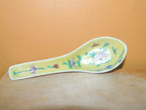 Antique Spoon 5.5&quot; Famille Jaune Yellow Floral handmade Marked CHINA Qing - $10.79