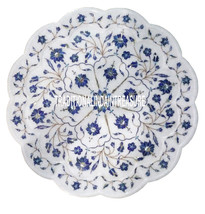 15&quot; White Marble Serving Plate Lapis Lazuli Inlay Marquetry Kitchen Decor - £478.64 GBP