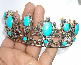 Artdeco Estate 10.10Cts Rose Cut Diamond Turquoise Silver Crown Tiara - £1,169.82 GBP