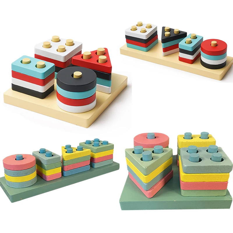 Montessori Wooden Building Blocks Toy Color Geometric Shape Match Kids Puzzle - £13.10 GBP