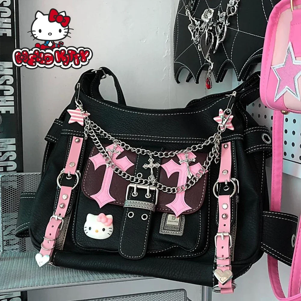 Sanrio Hello Kitty Gothic Punk Vintage Pink Cross Chains Crossbody Bags For Wome - £37.03 GBP