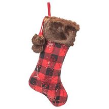 Buffalo Plaid with Sequin Stocking with Faux Fur Cuff and Pom Poms 20.5 ... - $18.79