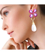 Purple Flower Pearl Teardrop Earrings - £12.87 GBP